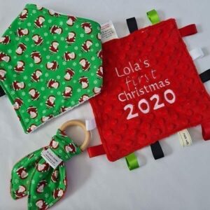 mini santa baby bundle driible bib, teething ring, taggie blanket