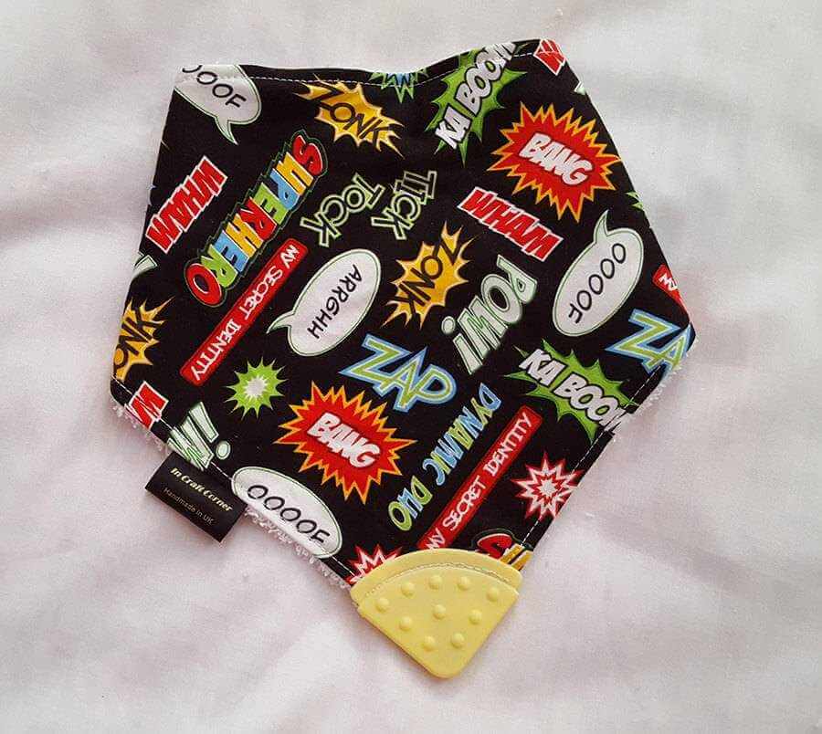 black superhero words teething bib